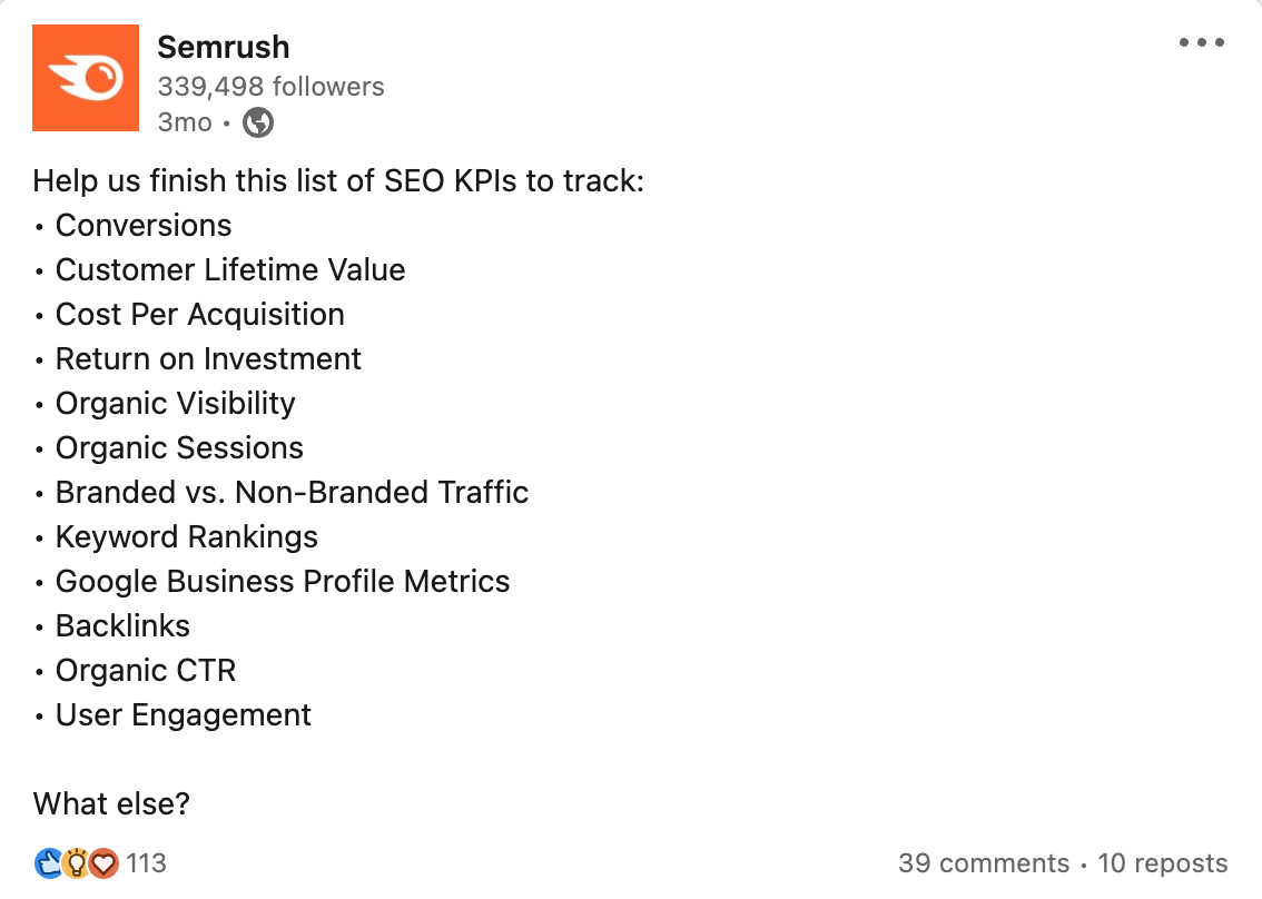 An example of a question-based post from Semrush on LinkedIn