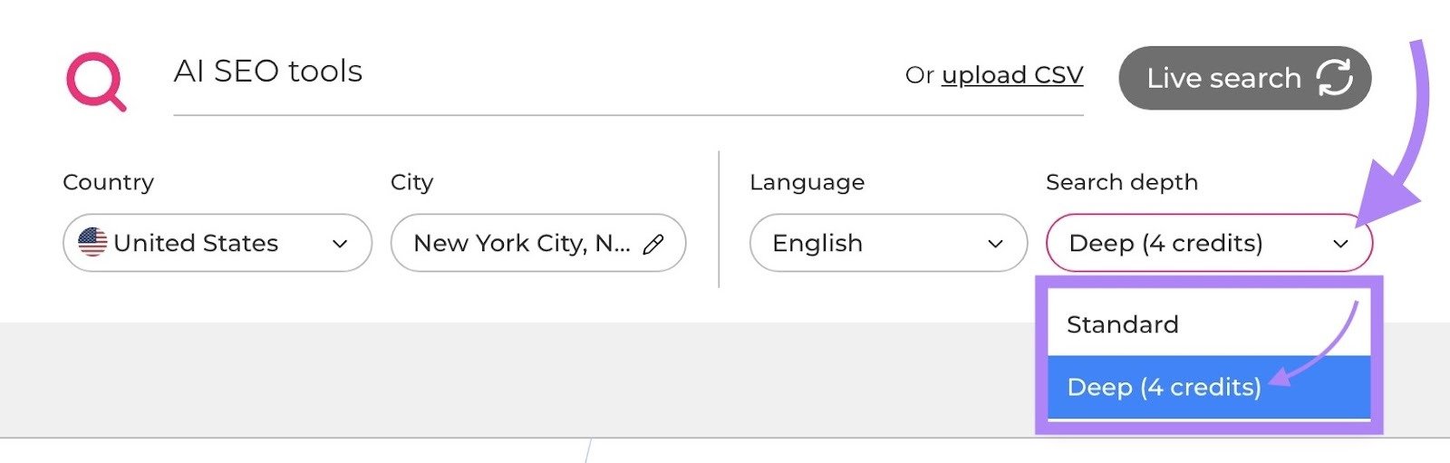 AlsoAsked dashboard with "Search depth" clicked and "Deep" selected from the dropdown options.