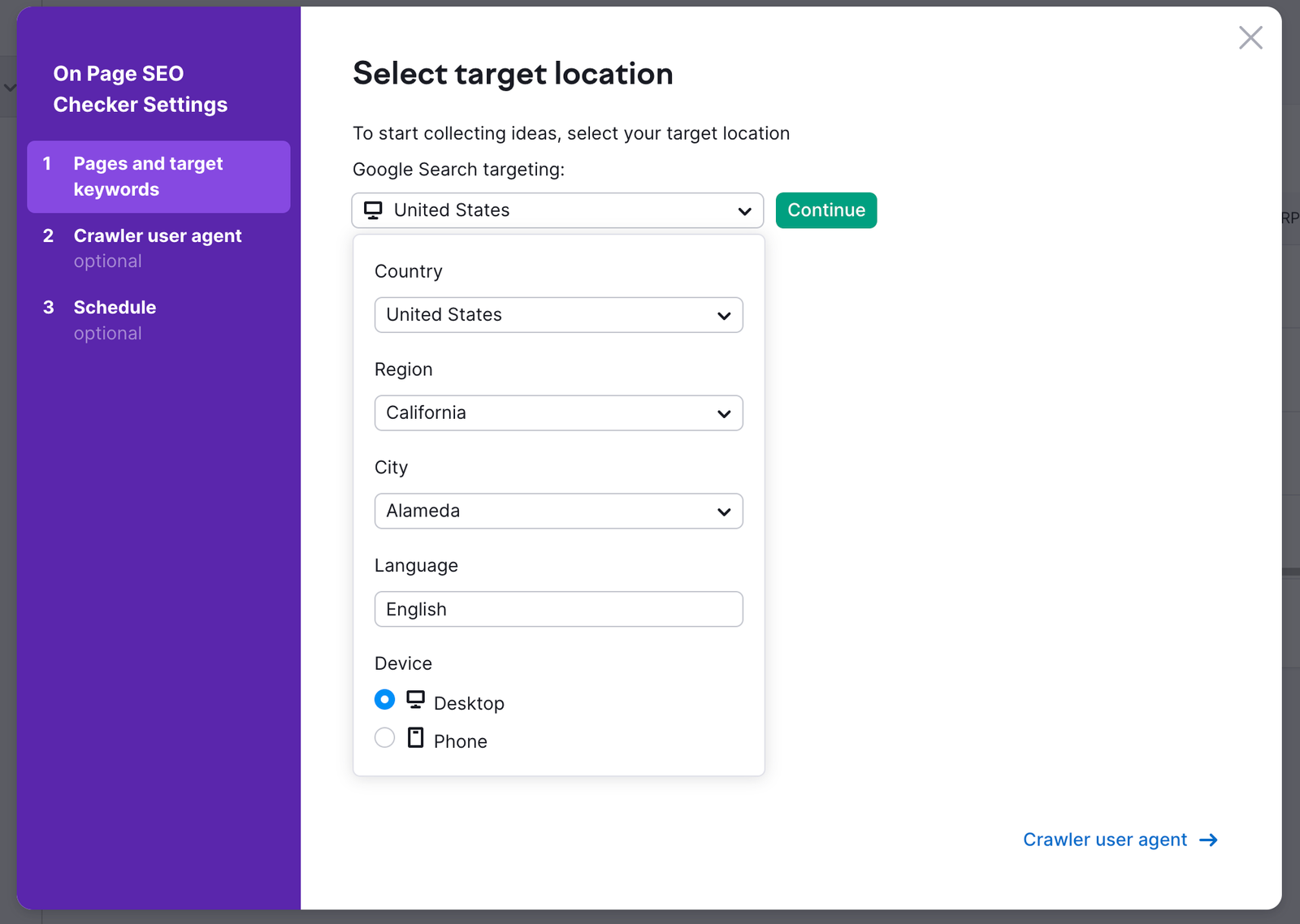 First step of On Page SEO Checker setup process, selecting target location. Option allow selecting country, region, city, language, and device type.