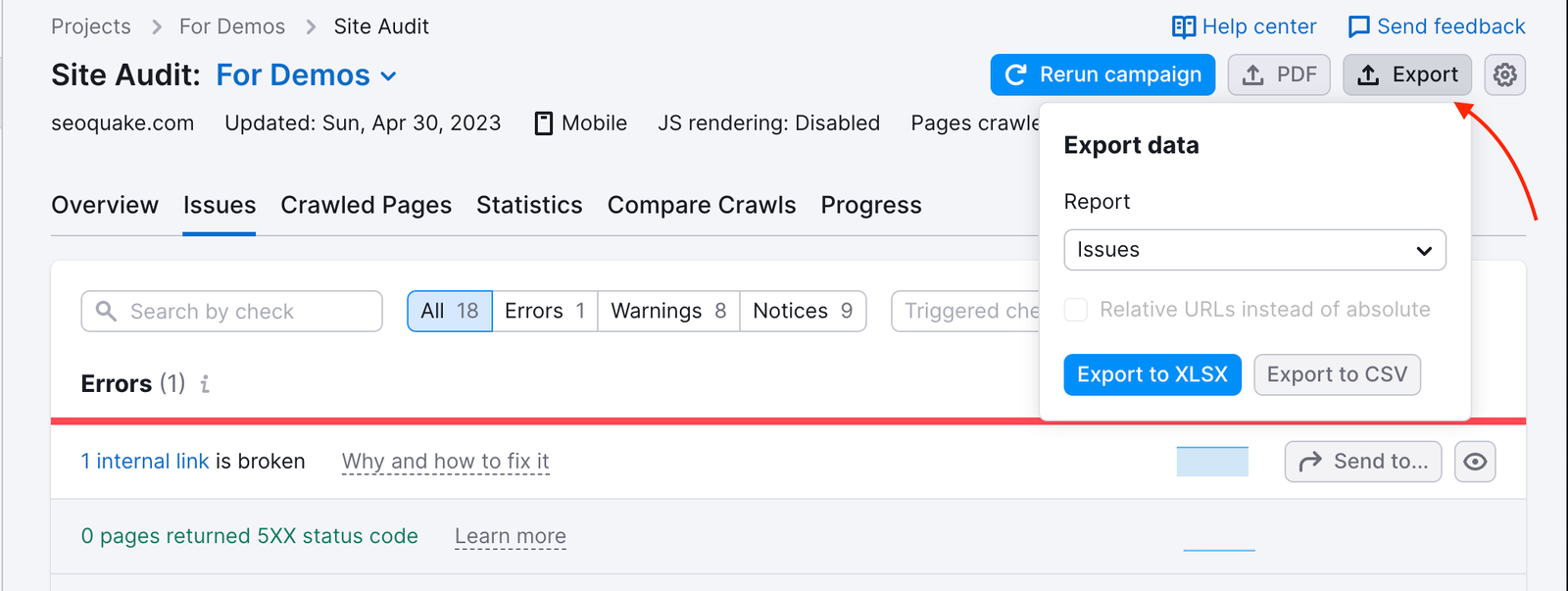 Issues report from Site Audit, demonstrating where to find the Export feature. Above the report, a red arrow is pointing at the Export button in the top right corner. Clicking on this button opens a dropdown menu with a desired report type, "Relative URLs instead of absolute" checkbox, and two buttons - Export to XLSX and Export to CSV.