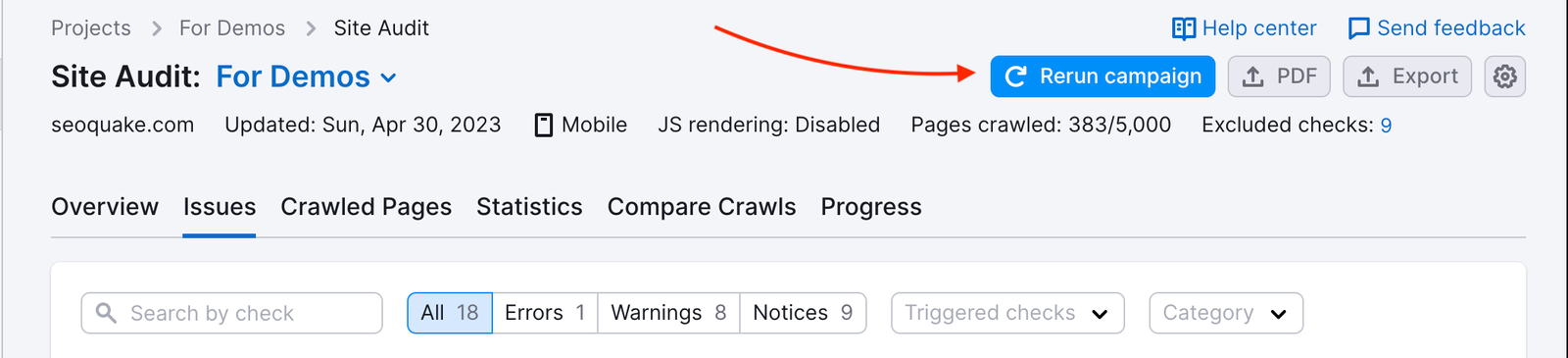 Red arrow pointing at the blue "Rerun campaign" button on the top right within the Site Audit tool interface.
