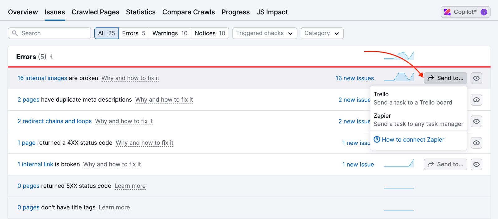 A red arrow points to the Send to button, which has opened a dropdown menu with two options: Trello (send a task to a Trello board) and Zapier (send a task to any task manager). A tooltip below the list advises: To send tasks, set up Zapier.