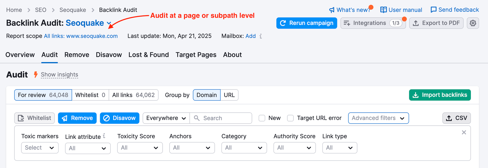 Backlink Audit report demonstrating all main widgets. A red arrow points to the Report Scope setting that's located right under the tools' name, and is accompanied by text Audit at a page or subpath level.