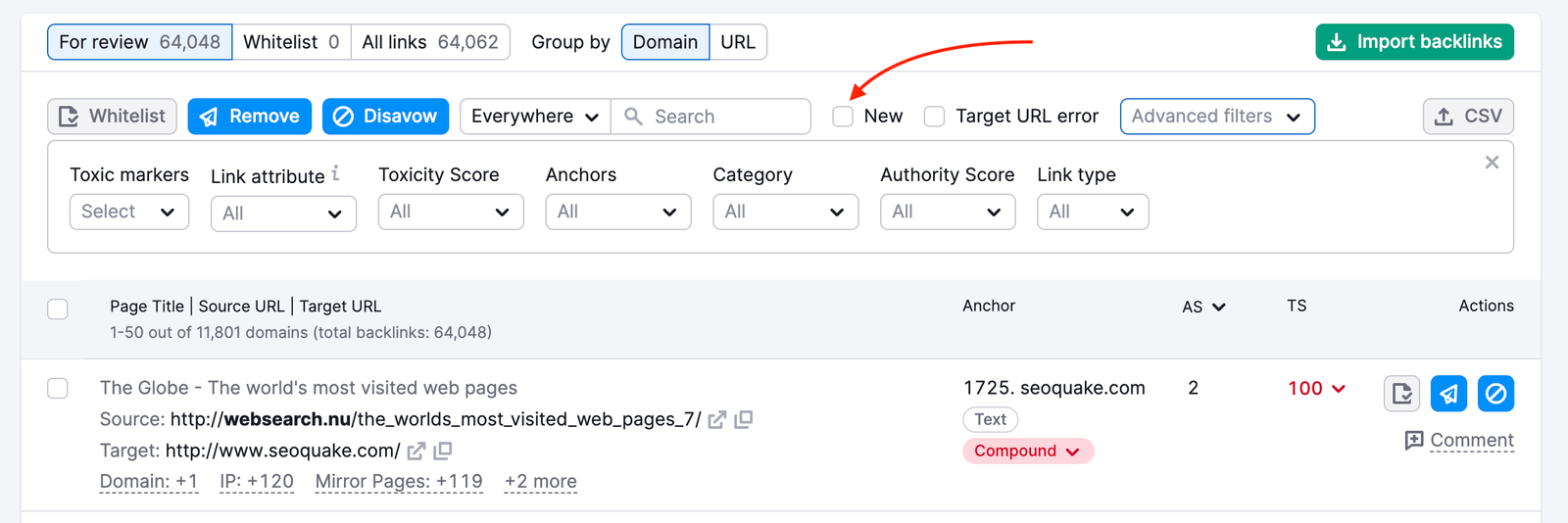 A list of backlinks for review in Backlink Audit. A red arrow is pointing towards the New checkbox in the list of filter on top of the report.