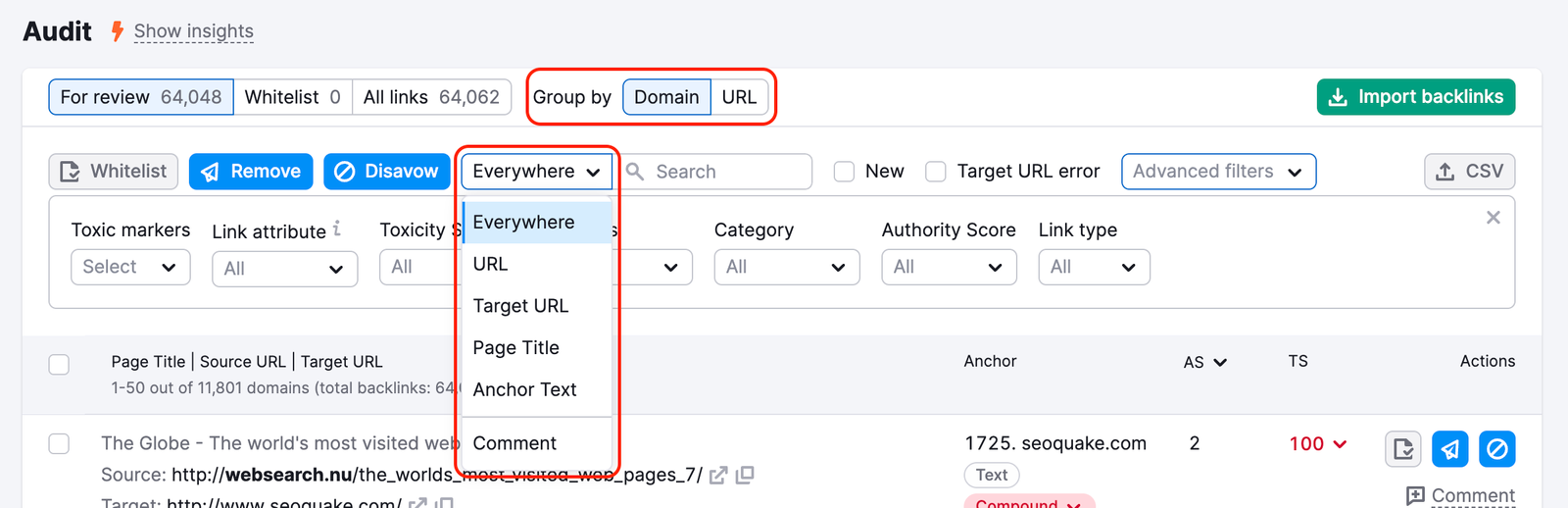 A display of filters of the Audit tab in Backlink Audit. Two red boxes highlight the 'Group by' sorting option and a dropdown menu with the following 'Search' options: Everywhere, URL, Target URL, Page Title, Anchor Text, and Comment.