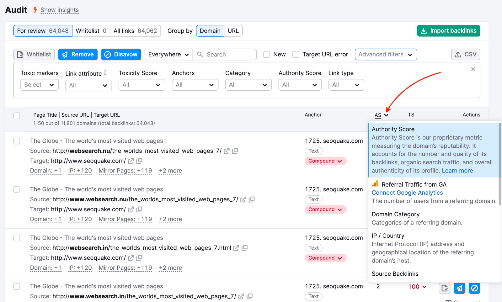 Audit tab in Backlink Audit. A cursor is hovering over the AS column header which opens the dropdown menu of metrics to choose for display: Authority Score, Referral Traffic from GA, Domain Category, IP/Country, Source Backlinks, Referring Domains, and more.