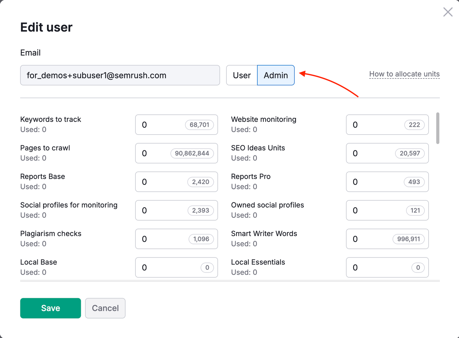 A red arrow highlights the Admin option.