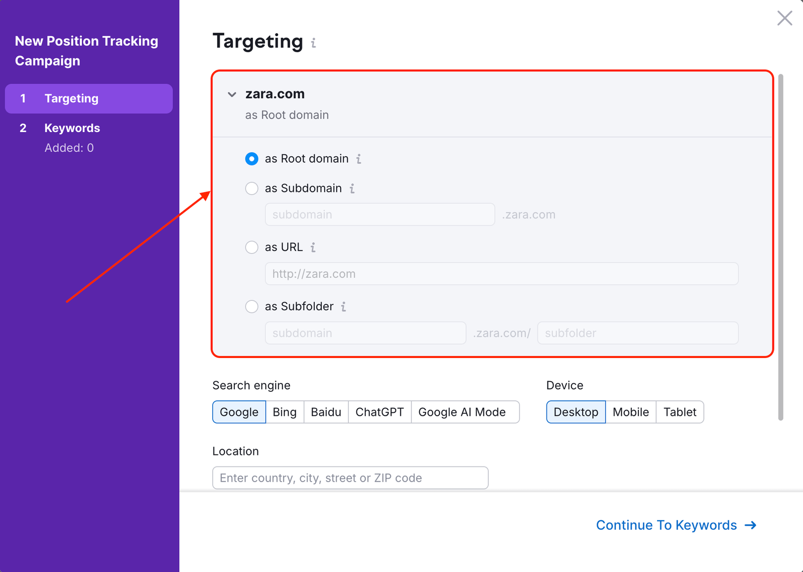 Position Tracking configuration window &ndash; Targeting. A rectangle and an arrow are highlighting the drop-down with the target selection.  